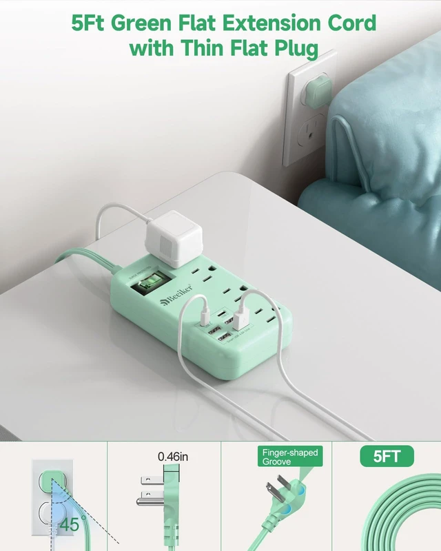 Alt view image 4 of 7 - 6 USB(2 USB C) Green Travel Power Strip 4 Outlets 5Ft Green Extension Cord 5FT Green Extension Cord,2 USB C Charging Station,4 Outlets,Cute Desk Accessories,Switch,Kawaii Home Office College Dorm,24W