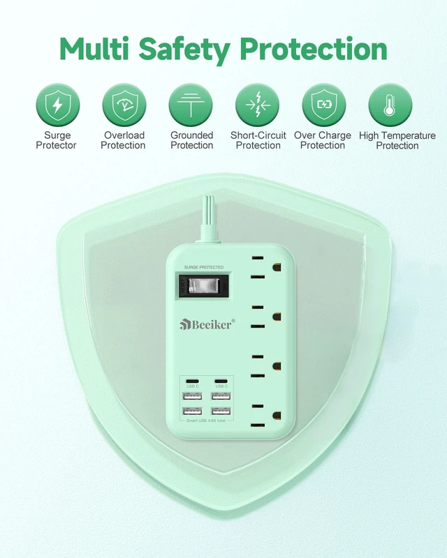 Alt view image 7 of 7 - 6 USB(2 USB C) Green Travel Power Strip 4 Outlets 5Ft Green Extension Cord 5FT Green Extension Cord,2 USB C Charging Station,4 Outlets,Cute Desk Accessories,Switch,Kawaii Home Office College Dorm,24W