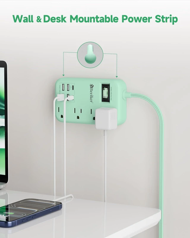 Alt view image 5 of 7 - 6 USB(2 USB C) Green Travel Power Strip 4 Outlets 5Ft Green Extension Cord 5FT Green Extension Cord,2 USB C Charging Station,4 Outlets,Cute Desk Accessories,Switch,Kawaii Home Office College Dorm,24W