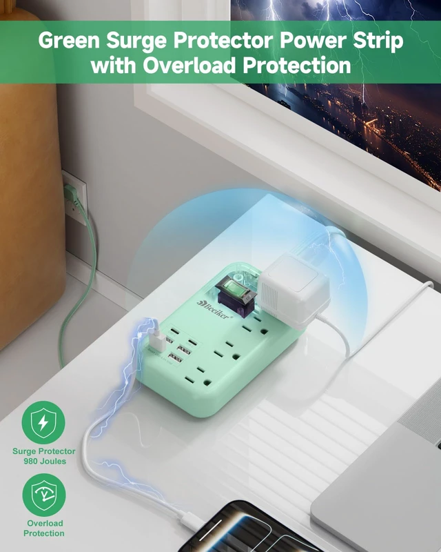 Alt view image 6 of 7 - 6 USB(2 USB C) Green Travel Power Strip 4 Outlets 5Ft Green Extension Cord 5FT Green Extension Cord,2 USB C Charging Station,4 Outlets,Cute Desk Accessories,Switch,Kawaii Home Office College Dorm,24W