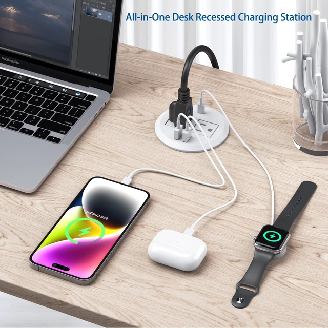 Alt view image 2 of 5 - Recessed Desk Power Grommet,2 Outlets, 20W USB-C,White,2PCS 3inch Hole Flush-Mount for Desktop,Workspace Essential Desk Outlet,ETL Listed