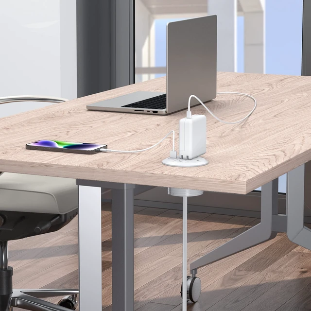 Alt view image 2 of 7 - 2-in-1 Desktop Power Grommet with USB-C Output, 125V, 12A, 2 AC Outlets, 3 USB Charging Ports, White