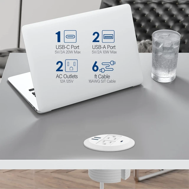 Alt view image 3 of 5 - Recessed Desk Power Grommet,2 Outlets, 20W USB-C,White,2PCS 3inch Hole Flush-Mount for Desktop,Workspace Essential Desk Outlet,ETL Listed