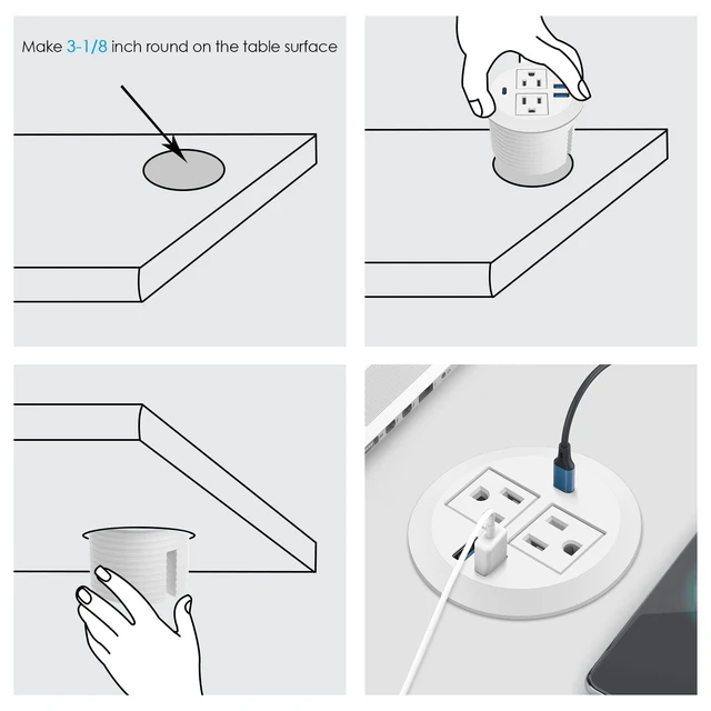 Alt view image 4 of 5 - Recessed Desk Power Grommet,2 Outlets, 20W USB-C,White,2PCS 3inch Hole Flush-Mount for Desktop,Workspace Essential Desk Outlet,ETL Listed