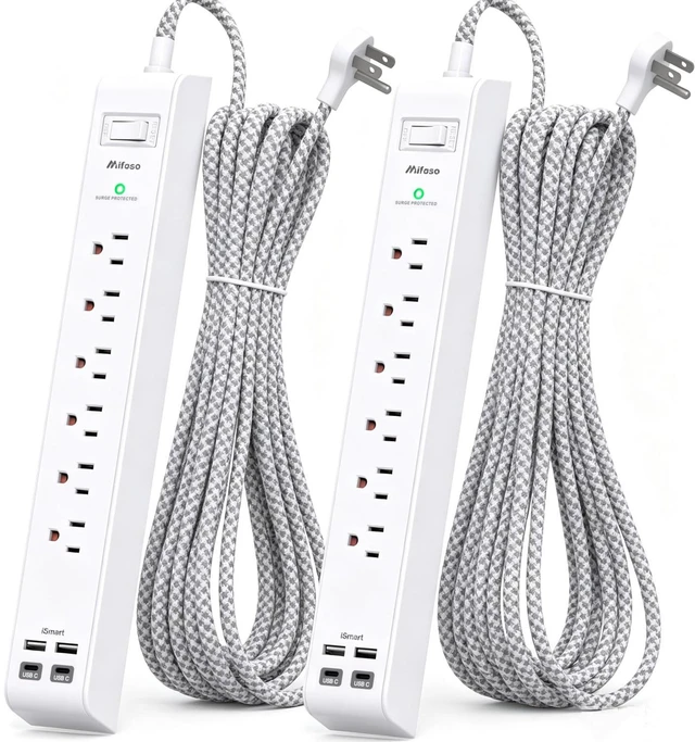 Main image of 2 Pack 15Ft Extension Cord, Surge Protector Power Strip, Flat Plug 6 Outlets 4 USB Charging Ports, Overload Protection, Wall Mount for Home Office, Dorm Room Essentials