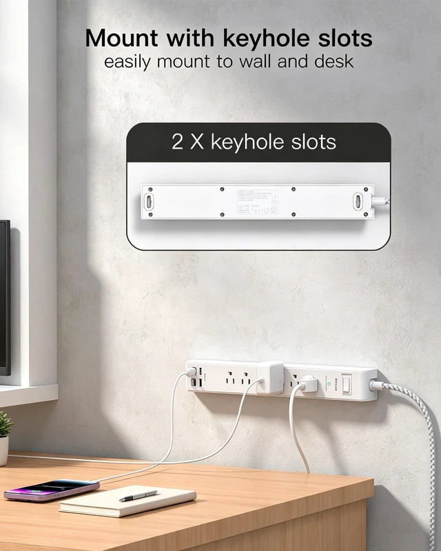 Alt view image 5 of 7 - 2 Pack 15Ft Extension Cord, Surge Protector Power Strip, Flat Plug 6 Outlets 4 USB Charging Ports, Overload Protection, Wall Mount for Home Office, Dorm Room Essentials