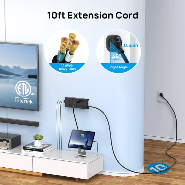Alt view image 2 of 7 - Surge Protector Power Strip 10ft, 4000J, ETL Listed 10 Widely Spaced Outlets, 2 USB A & 2 USB C, Flat Plug Extension Cord, Wall Mountable, 1875W/15A, for Home Office, Black