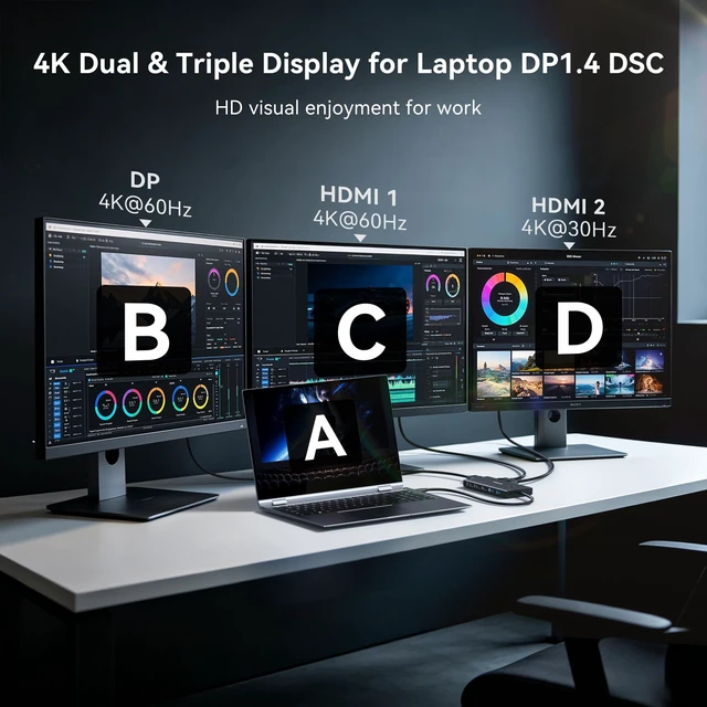 Alt view image 3 of 7 - USB C Laptop Docking Station Dual Monitor for Dell HP with 2 HDMI 4K DP 8K Hub for Laptop Dock Triple 4K Display Dongle with 100W PD 6 USB A/C Ports Button USB C Hub Multiport Adapter for Laptop