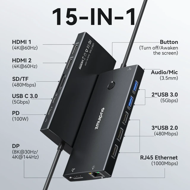 Alt view image 2 of 7 - USB C Laptop Docking Station Dual Monitor for Dell HP with 2 HDMI 4K DP 8K Hub for Laptop Dock Triple 4K Display Dongle with 100W PD 6 USB A/C Ports Button USB C Hub Multiport Adapter for Laptop