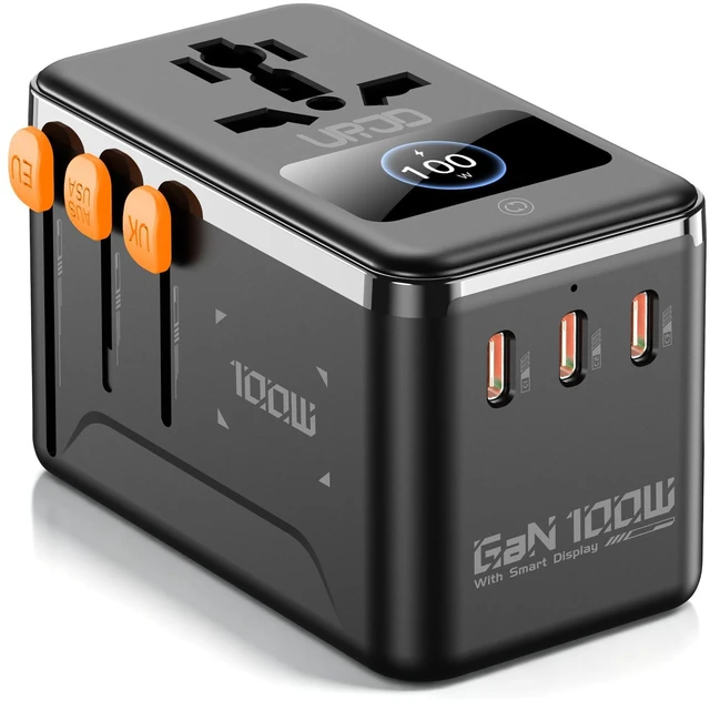 Main image of GaN 100W Universal Travel Adapter with Smart Display & 4 USB C/A Ports 2500W AC Outlet, Fast Charging International Power Adapter Europe UK US AU, Travel Charger for MacBook, iPhone, iPad, Laptop