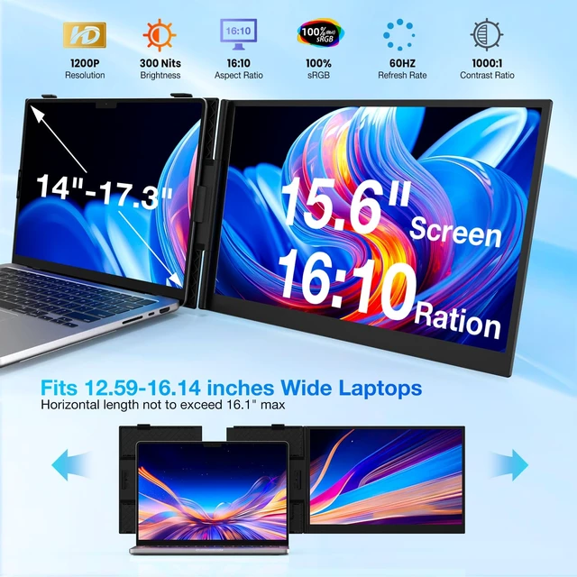 Alt view image 3 of 7 - Laptop Screen Extender, Ultra-Thin 15.6" FHD 1200P 16:10 Portable Monitor for Laptop, Lightweight Dual Monitor Extender Plug & Play for 14.2"-17.3" Laptops, Compatible with Wins/Mac/Chrome/Linux