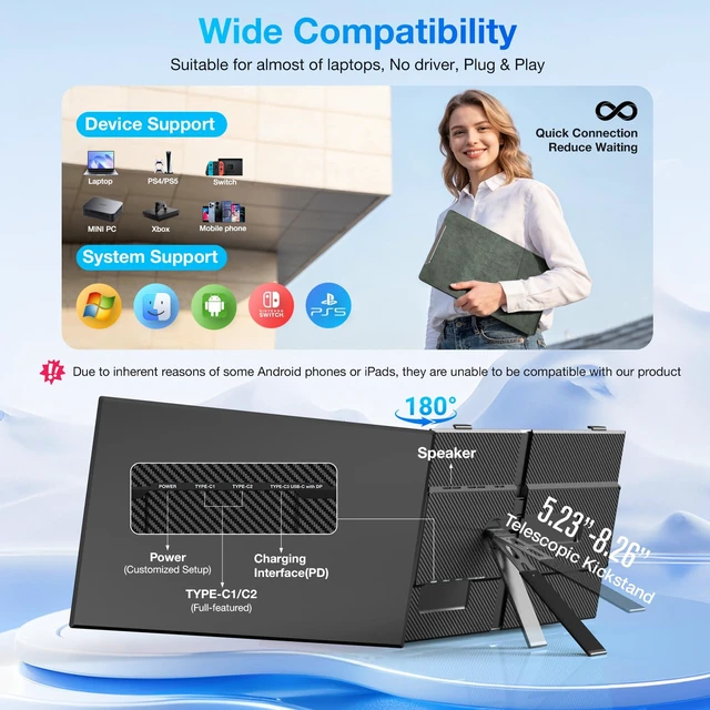 Alt view image 5 of 7 - Laptop Screen Extender, Ultra-Thin 15.6" FHD 1200P 16:10 Portable Monitor for Laptop, Lightweight Dual Monitor Extender Plug & Play for 14.2"-17.3" Laptops, Compatible with Wins/Mac/Chrome/Linux