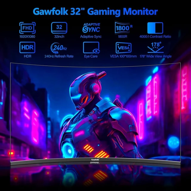 Alt view image 2 of 7 - 32 inch 240Hz Curved Gaming PC Monitor, 1080p Computer Screen 1800R curvature, Full HD 1080P, 1ms response, FreeSync, 100% sRGB, DisplayPort 1.4/HDMI 2.0, Black