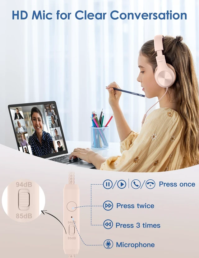 Alt view image 2 of 7 - Kids Headphones with MIC, Over-Ear Headphones for Kids with Cord, HD Sound, Safe Volume Limit, Sharing Function, Kid Headset for Girls Boys, Toddler Headphone for School, Tablet, Sand Pink
