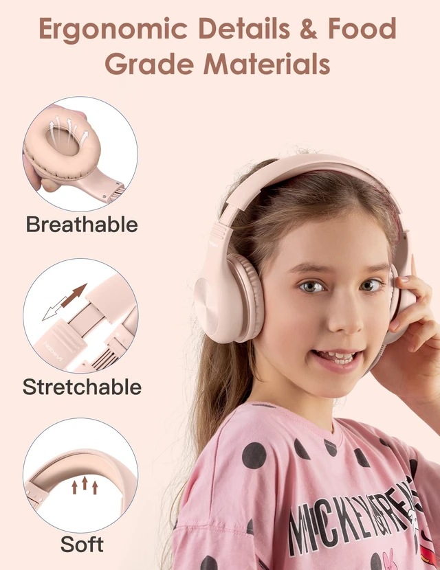 Alt view image 5 of 7 - Kids Headphones with MIC, Over-Ear Headphones for Kids with Cord, HD Sound, Safe Volume Limit, Sharing Function, Kid Headset for Girls Boys, Toddler Headphone for School, Tablet, Sand Pink