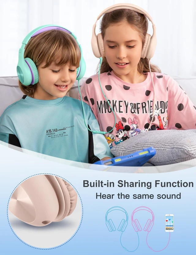 Alt view image 7 of 7 - Kids Headphones with MIC, Over-Ear Headphones for Kids with Cord, HD Sound, Safe Volume Limit, Sharing Function, Kid Headset for Girls Boys, Toddler Headphone for School, Tablet, Sand Pink