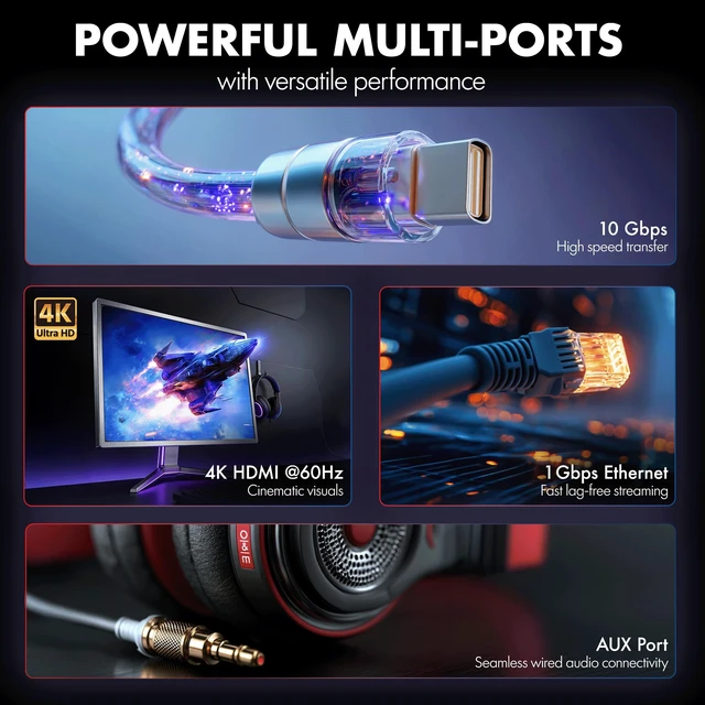 Alt view image 3 of 7 - Type C 12 in 1 Docking Station, 4K@60Hz HDMI, Gigabit Ethernet 2XType-C 10Gbps, USB 10 Gbps, PD 100WUSB 2.0, AUX & MIC, SD/TF, Compatible Thunderbolt 4, macOS, Windows, Android & iOS