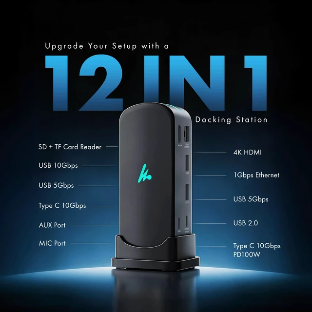 Alt view image 2 of 7 - Type C 12 in 1 Docking Station, 4K@60Hz HDMI, Gigabit Ethernet 2XType-C 10Gbps, USB 10 Gbps, PD 100WUSB 2.0, AUX & MIC, SD/TF, Compatible Thunderbolt 4, macOS, Windows, Android & iOS