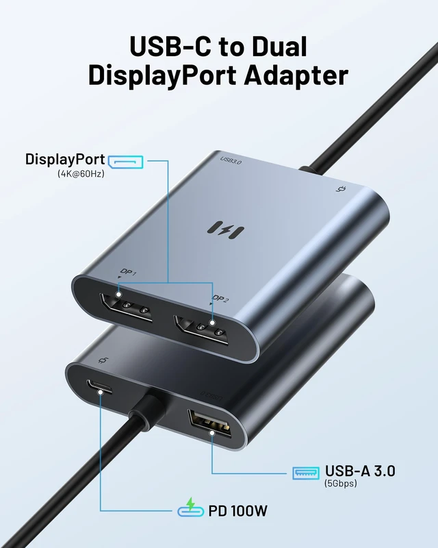 Alt view image 2 of 7 - USB C to Dual DisplayPort Adapter, Dual Monitor Adapter for Lenovo Laptops Dual 4K@60Hz DisplayPort, 100W PD input, 5Gbps USB-A, USB-C Hub Multiport Adapter for MacBook Air/Pro, Dell, Lenovo