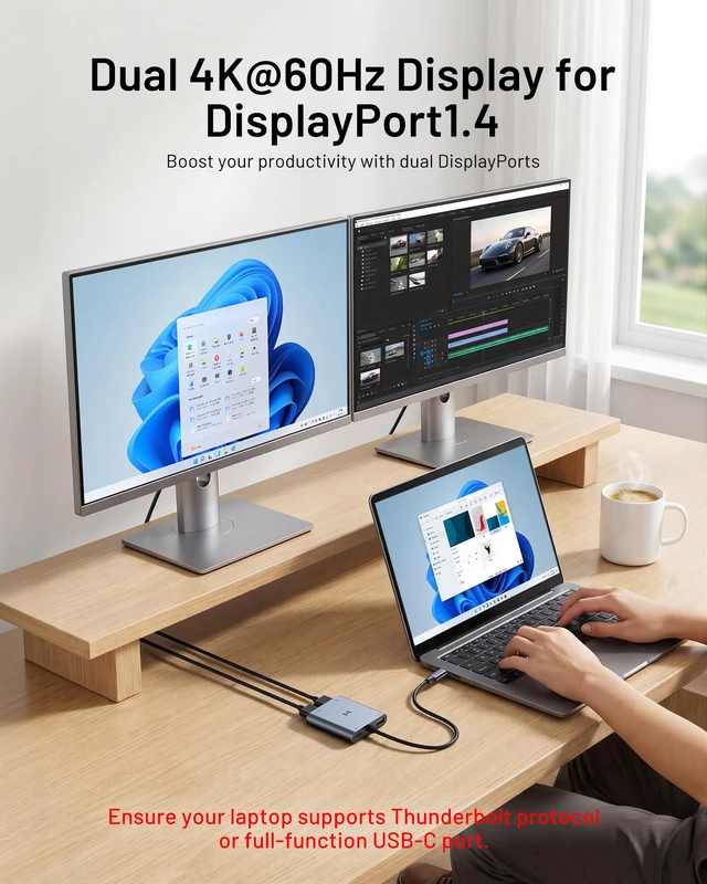 Alt view image 3 of 7 - USB C to Dual DisplayPort Adapter, Dual Monitor Adapter for Lenovo Laptops Dual 4K@60Hz DisplayPort, 100W PD input, 5Gbps USB-A, USB-C Hub Multiport Adapter for MacBook Air/Pro, Dell, Lenovo
