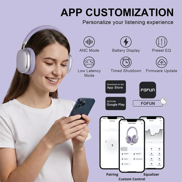 Alt view image 6 of 7 - Hybrid Active Noise Cancelling Headphones Over Ear 120H Playtime Smart Knob, Bluetooth 6.0 Wireless, Customize EQ, Transparency Mode, Hi-Res Audio, NC95, Silky Matte Finish, Travel/Workout