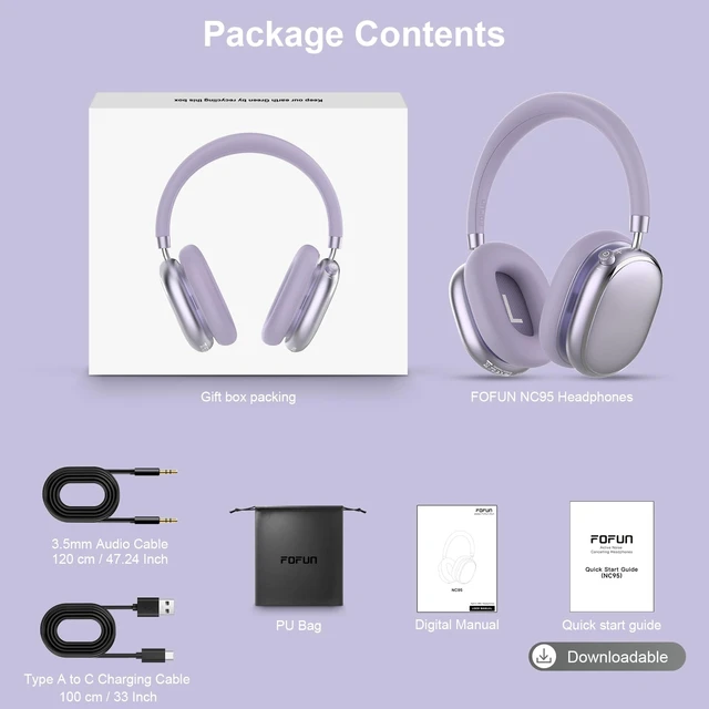 Alt view image 7 of 7 - Hybrid Active Noise Cancelling Headphones Over Ear 120H Playtime Smart Knob, Bluetooth 6.0 Wireless, Customize EQ, Transparency Mode, Hi-Res Audio, NC95, Silky Matte Finish, Travel/Workout