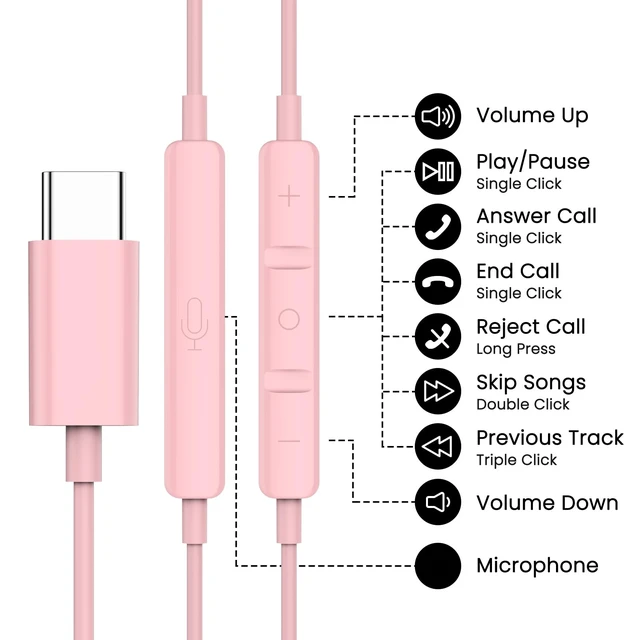 Alt view image 2 of 7 - USB C Headphones for iPhone 18 17 16 15 Pro Max Plus iPad Pro USB C Earphones with Microphone Volume Control USB C Wired Earbuds USB Type C Earphone for Google Pixel 9 Samsung S26 S25 S24 S23 S22 A55