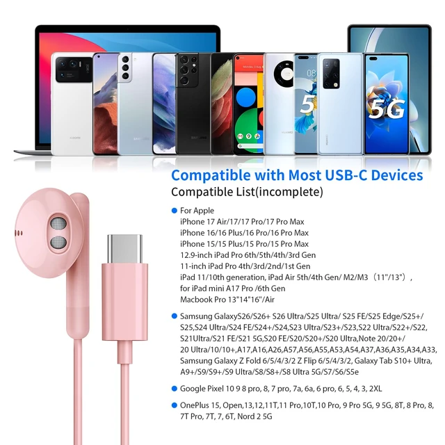 Alt view image 5 of 7 - USB C Headphones for iPhone 18 17 16 15 Pro Max Plus iPad Pro USB C Earphones with Microphone Volume Control USB C Wired Earbuds USB Type C Earphone for Google Pixel 9 Samsung S26 S25 S24 S23 S22 A55