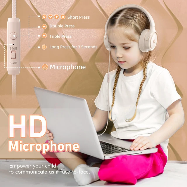 Alt view image 5 of 7 - Kids Headphones with Cord-3.5mm Jack 85/94dB Safe Volume Control Built-in Microphone On-Ear Headphones for Kids/Teens/School/Travel/3.5mm Devices (Beige)