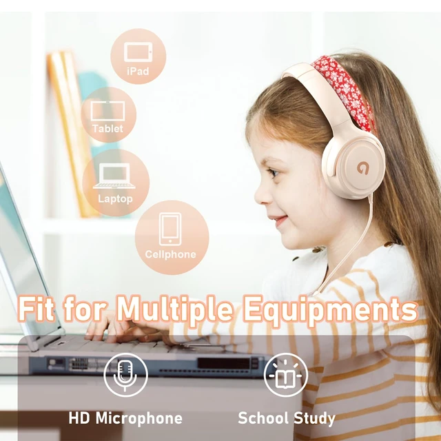 Alt view image 7 of 7 - Kids Headphones with Cord-3.5mm Jack 85/94dB Safe Volume Control Built-in Microphone On-Ear Headphones for Kids/Teens/School/Travel/3.5mm Devices (Beige)