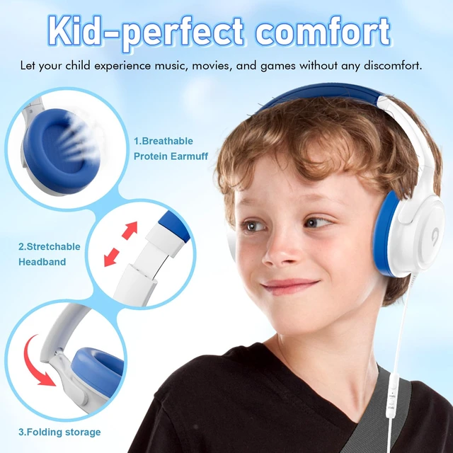 Alt view image 3 of 7 - Kids Headphones with Cord-3.5mm Jack 85/94dB Safe Volume Control Built-in Microphone On-Ear Headphones for Kids/Teens/School/Travel/3.5mm Devices(White)