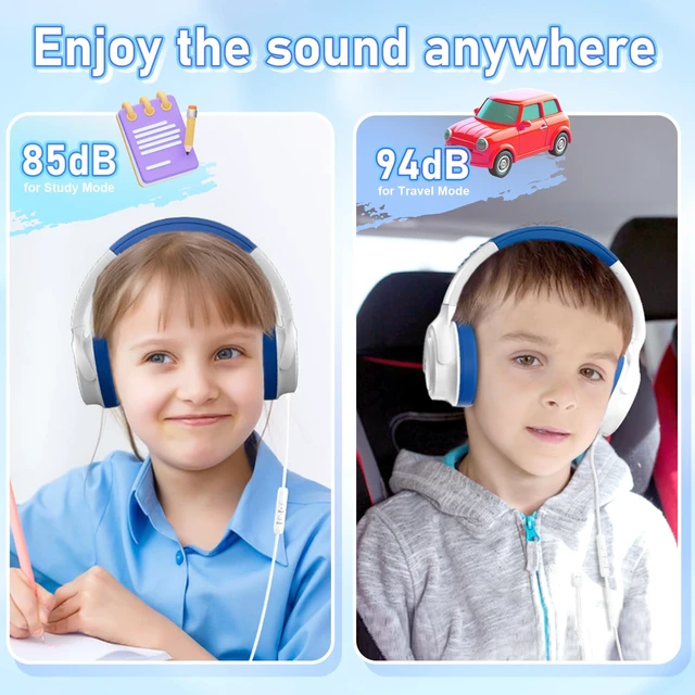 Alt view image 5 of 7 - Kids Headphones with Cord-3.5mm Jack 85/94dB Safe Volume Control Built-in Microphone On-Ear Headphones for Kids/Teens/School/Travel/3.5mm Devices(White)