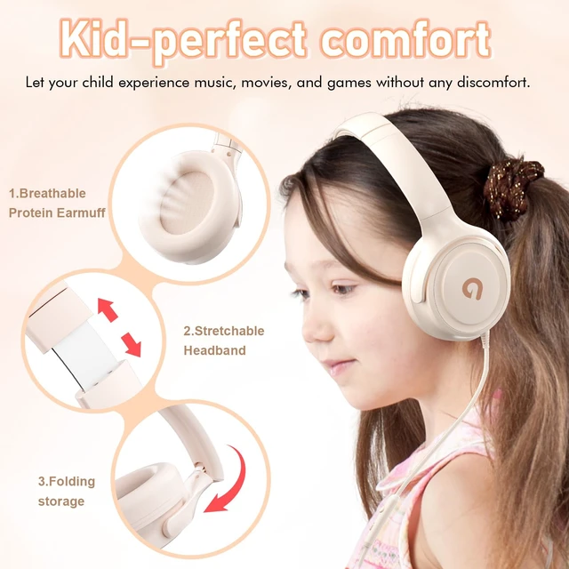 Alt view image 3 of 7 - Kids Headphones with Cord-3.5mm Jack 85/94dB Safe Volume Control Built-in Microphone On-Ear Headphones for Kids/Teens/School/Travel/3.5mm Devices (Beige)