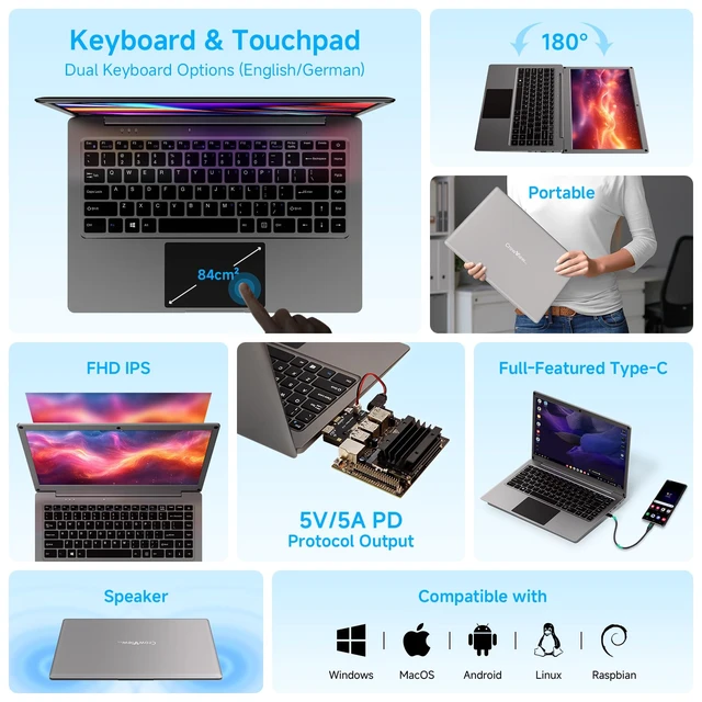 Alt view image 5 of 7 - 14 Inch Portable Monitor with Keyboard with RPi5 & Jetson Adapters 1080P Lapdock Display with Built-in Battery Compatible with Raspberry Pi, PC, Phone, Mac, Game Console