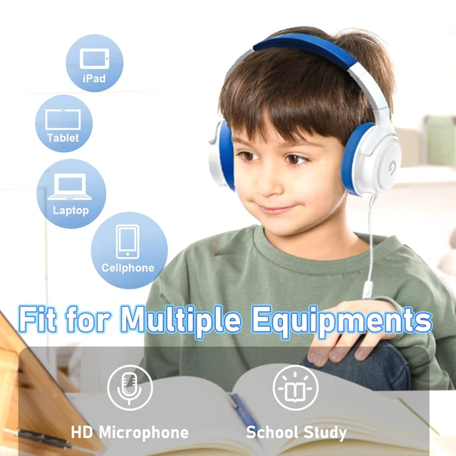 Alt view image 6 of 7 - Kids Headphones with Cord-3.5mm Jack 85/94dB Safe Volume Control Built-in Microphone On-Ear Headphones for Kids/Teens/School/Travel/3.5mm Devices(White)