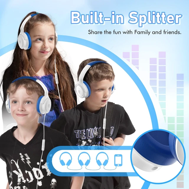 Alt view image 7 of 7 - Kids Headphones with Cord-3.5mm Jack 85/94dB Safe Volume Control Built-in Microphone On-Ear Headphones for Kids/Teens/School/Travel/3.5mm Devices(White)