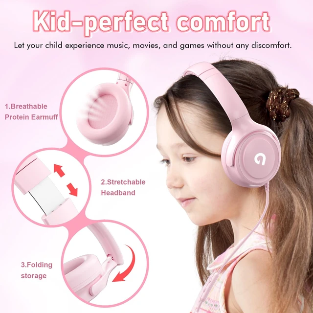 Alt view image 3 of 7 - Kids Headphones with Cord-3.5mm Jack 85/94dB Safe Volume Control Built-in Microphone On-Ear Headphones for Kids/Teens/Girls/School/Travel/3.5mm Devices(Pink)