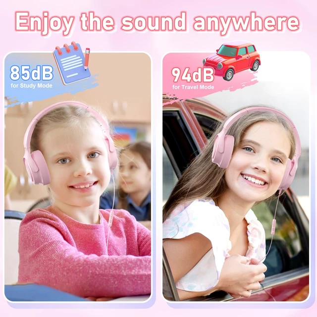 Alt view image 6 of 7 - Kids Headphones with Cord-3.5mm Jack 85/94dB Safe Volume Control Built-in Microphone On-Ear Headphones for Kids/Teens/Girls/School/Travel/3.5mm Devices(Pink)