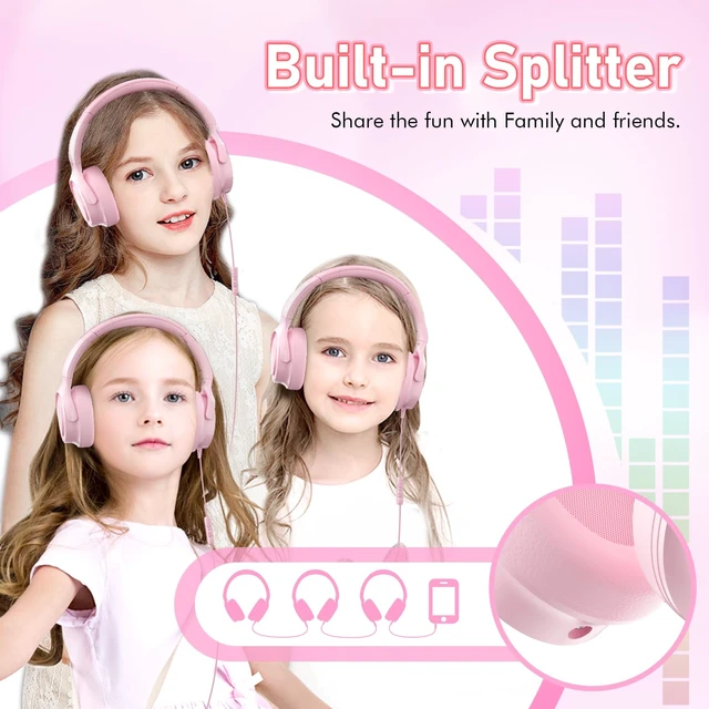 Alt view image 7 of 7 - Kids Headphones with Cord-3.5mm Jack 85/94dB Safe Volume Control Built-in Microphone On-Ear Headphones for Kids/Teens/Girls/School/Travel/3.5mm Devices(Pink)