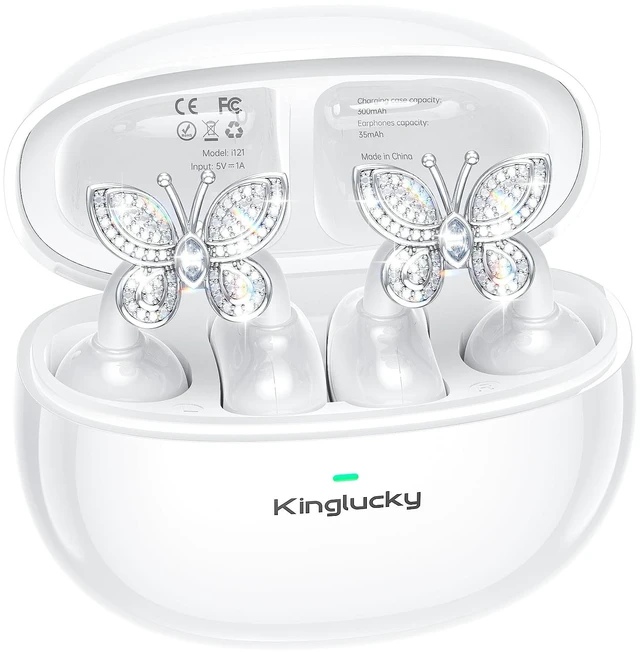 Main image of Jewelry-Inspired Clip-On Earbuds with Butterfly Earrings, Comfortable Fit & 40H Playtime Open Ear Bluetooth 5.4 Wireless Headphones for Women, Small Ears, Sports & Workouts (White)