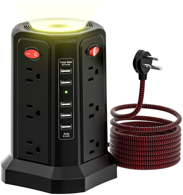 Main image of Surge Protector Power Strip with 5 USB Ports and Night Light 10FT Braided Extension Cord with 12 AC Multiple Outlets, Power Tower Overload Protection for Home Office Dorm Room Essentials
