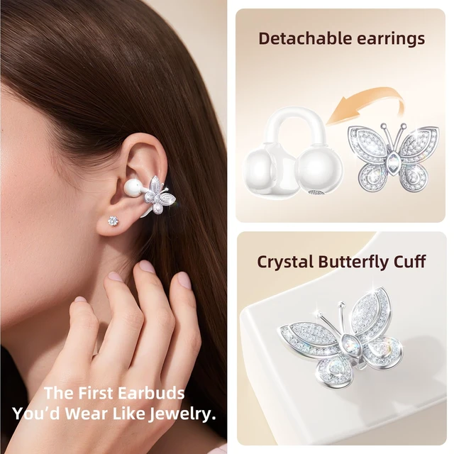 Alt view image 2 of 7 - Jewelry-Inspired Clip-On Earbuds with Butterfly Earrings, Comfortable Fit & 40H Playtime Open Ear Bluetooth 5.4 Wireless Headphones for Women, Small Ears, Sports & Workouts (White)