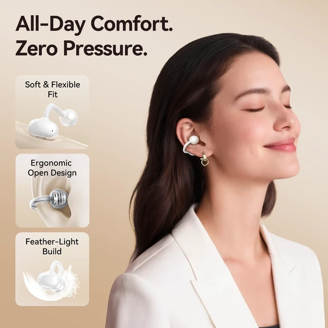 Alt view image 3 of 7 - Jewelry-Inspired Clip-On Earbuds with Butterfly Earrings, Comfortable Fit & 40H Playtime Open Ear Bluetooth 5.4 Wireless Headphones for Women, Small Ears, Sports & Workouts (White)