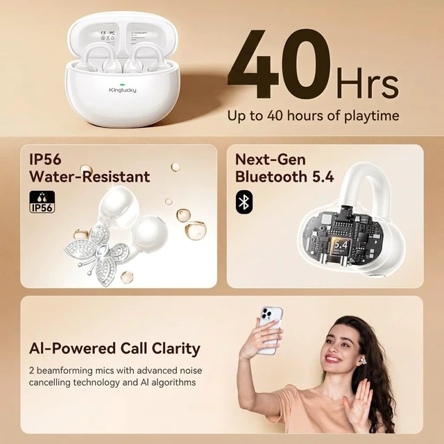 Alt view image 6 of 7 - Jewelry-Inspired Clip-On Earbuds with Butterfly Earrings, Comfortable Fit & 40H Playtime Open Ear Bluetooth 5.4 Wireless Headphones for Women, Small Ears, Sports & Workouts (White)