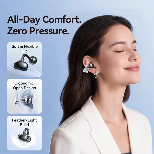 Alt view image 3 of 7 - Jewelry-Inspired Clip-On Earbuds with Butterfly Earrings, Comfortable Fit & 40H Playtime Open Ear Bluetooth 5.4 Wireless Headphones for Women, Small Ears, Sports & Workouts (Black)