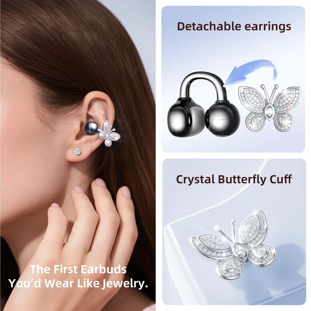 Alt view image 2 of 7 - Jewelry-Inspired Clip-On Earbuds with Butterfly Earrings, Comfortable Fit & 40H Playtime Open Ear Bluetooth 5.4 Wireless Headphones for Women, Small Ears, Sports & Workouts (Black)