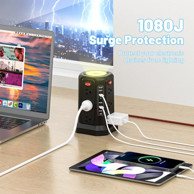 Alt view image 5 of 7 - Surge Protector Power Strip with 5 USB Ports and Night Light 10FT Braided Extension Cord with 12 AC Multiple Outlets, Power Tower Overload Protection for Home Office Dorm Room Essentials