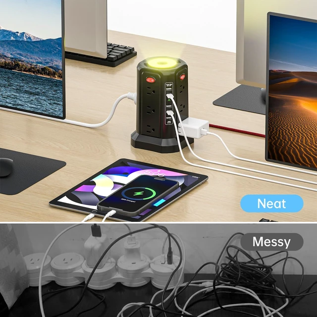 Alt view image 7 of 7 - Surge Protector Power Strip with 5 USB Ports and Night Light 10FT Braided Extension Cord with 12 AC Multiple Outlets, Power Tower Overload Protection for Home Office Dorm Room Essentials