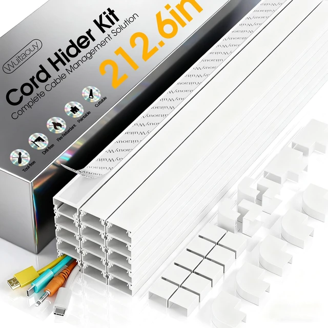Main image of 212.6in Cord Hider Kit, Cord Covers for 2-4 Wires on Wall, Self-Adhesive Cable Hider Wire Covers for Cords on Wall, Paintable Cord Hider for Walls Mount Tv, Cable Cover Raceway, W0.95 H0.55in, White