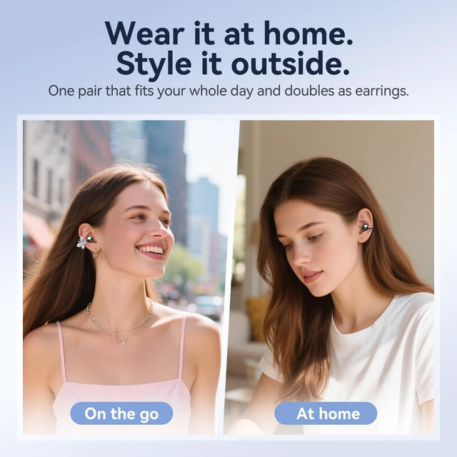 Alt view image 5 of 7 - Jewelry-Inspired Clip-On Earbuds with Butterfly Earrings, Comfortable Fit & 40H Playtime Open Ear Bluetooth 5.4 Wireless Headphones for Women, Small Ears, Sports & Workouts (Black)